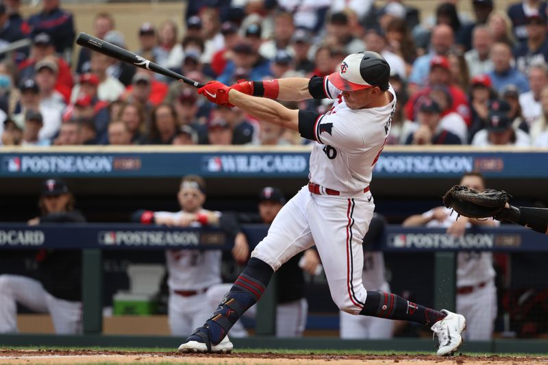 Oct 4, 2023; Minneapolis, Minnesota, USA; Minnesota Twins right fielder Max Kepler (26) hits a single in the fourth inning against the Toronto Blue Jays during game two of the Wildcard series for the 2023 MLB playoffs at Target Field. Mandatory Credit: Jesse Johnson-USA TODAY Sports