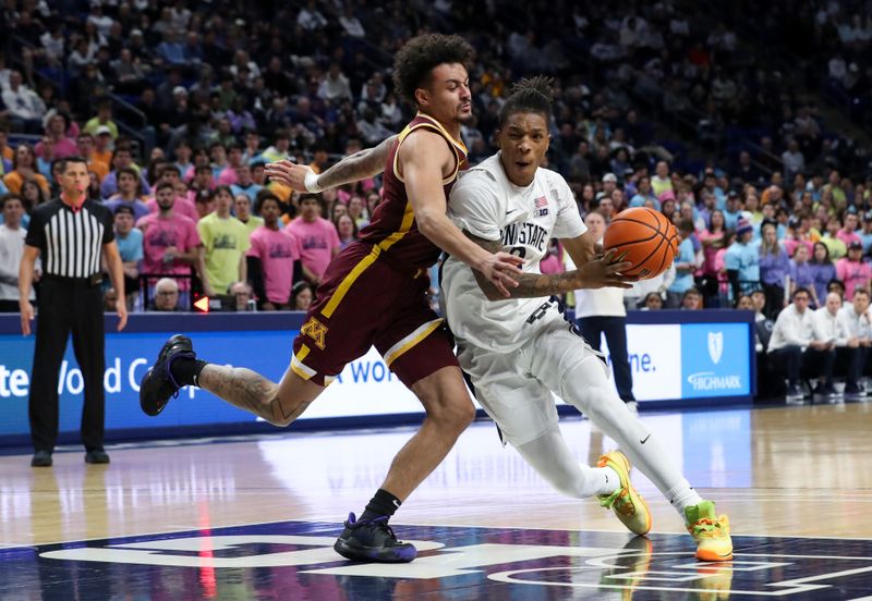 Jan 27, 2024; University Park, Pennsylvania, USA; Penn State Nittany Lions guard Nick Kern Jr (3) dribbles the ball towards the basket as Minnesota Golden Gophers guard Braeden Carrington (4) defends during the first half at Bryce Jordan Center. Minnesota defeated Penn State 83-74. Mandatory Credit: Matthew O'Haren-USA TODAY Sports