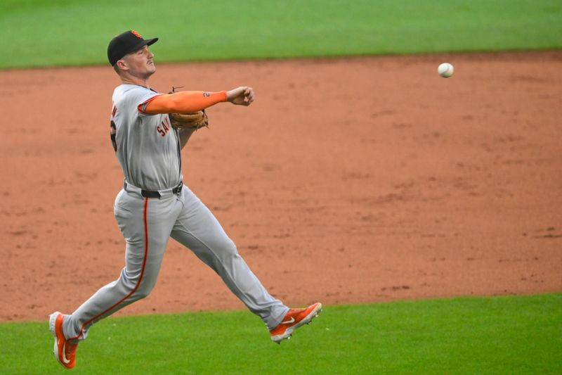 Jul 5, 2024; Cleveland, Ohio, USA; San Francisco Giants third baseman Matt Chapman (26) throws to first base in the second inning against the Cleveland Guardians at Progressive Field. Mandatory Credit: David Richard-USA TODAY Sports