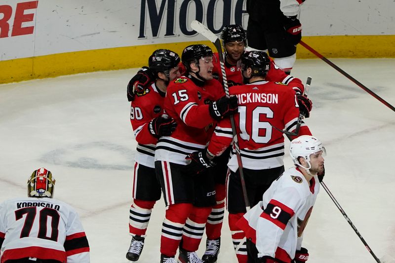 Feb 17, 2024; Chicago, Illinois, USA; Chicago Blackhawks center Jason Dickinson (16) celebrates his game winning goal against the Ottawa Senators during the third period at United Center. Mandatory Credit: David Banks-USA TODAY Sports