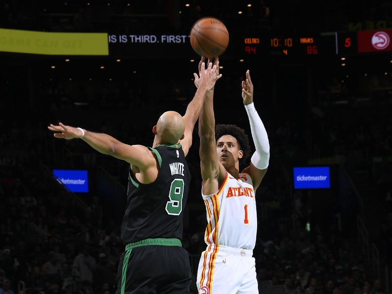 BOSTON, MA - NOVEMBER 12: Jalen Johnson #1 of the Atlanta Hawks shoots the ball during the game against the Boston Celtics during the Emirates NBA Cup game on November 12, 2024 at TD Garden in Boston, Massachusetts. NOTE TO USER: User expressly acknowledges and agrees that, by downloading and/or using this Photograph, user is consenting to the terms and conditions of the Getty Images License Agreement. Mandatory Copyright Notice: Copyright 2024 NBAE (Photo by Brian Babineau/NBAE via Getty Images)