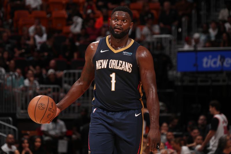 MIAMI, FL - OCTOBER 13: Zion Williamson #1 of the New Orleans Pelicans dribbles the ball during the game against the Miami Heat during a NBA pre season game on October 13, 2024 at Kaseya Center in Miami, Florida. NOTE TO USER: User expressly acknowledges and agrees that, by downloading and or using this Photograph, user is consenting to the terms and conditions of the Getty Images License Agreement. Mandatory Copyright Notice: Copyright 2024 NBAE (Photo by Issac Baldizon/NBAE via Getty Images)