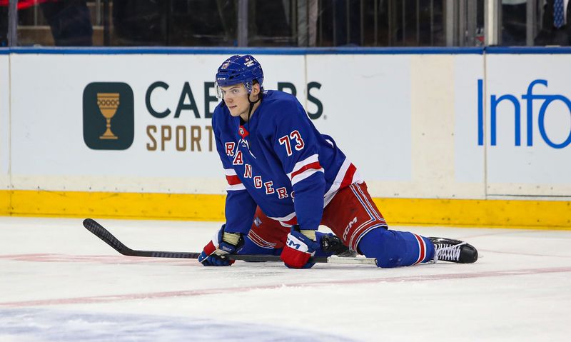 Jan 18, 2025; New York, New York, USA; New York Rangers center Matt Rempe (73) warms up before the first period against the Columbus Blue Jackets at Madison Square Garden. Mandatory Credit: Danny Wild-Imagn Images