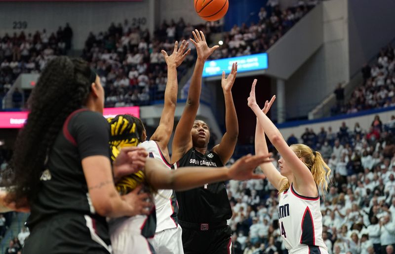 Feb 5, 2023; Hartford, Connecticut, USA; South Carolina Gamecocks forward Aliyah Boston (4) shoots against the UConn Huskies in the second half at XL Center. Mandatory Credit: David Butler II-USA TODAY Sports