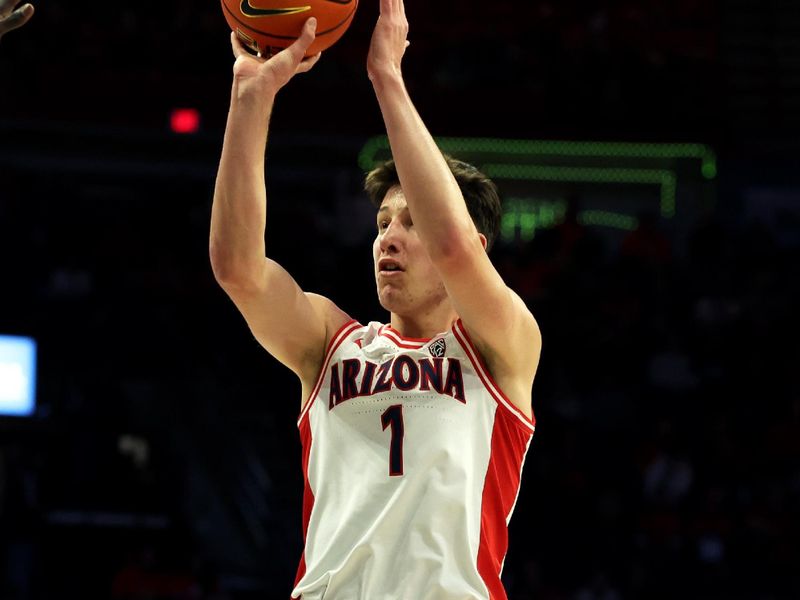 Jan 4, 2024; Tucson, Arizona, USA; Arizona Wildcats forward Filip Borovicanin (1) shoots a basket against the Colorado Buffaloes during the second half at McKale Center. Mandatory Credit: Zachary BonDurant-USA TODAY Sports