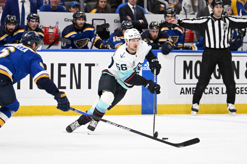 Apr 14, 2024; St. Louis, Missouri, USA; Seattle Kraken right wing Kailer Yamamoto (56) skates against the St. Louis Blues during the third period at Enterprise Center. Mandatory Credit: Jeff Le-USA TODAY Sports