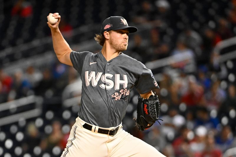 Sep 9, 2023; Washington, District of Columbia, USA; Washington Nationals starting pitcher Jake Irvin (74) throws to the Los Angeles Dodgers during the first inning at Nationals Park. Mandatory Credit: Brad Mills-USA TODAY Sports