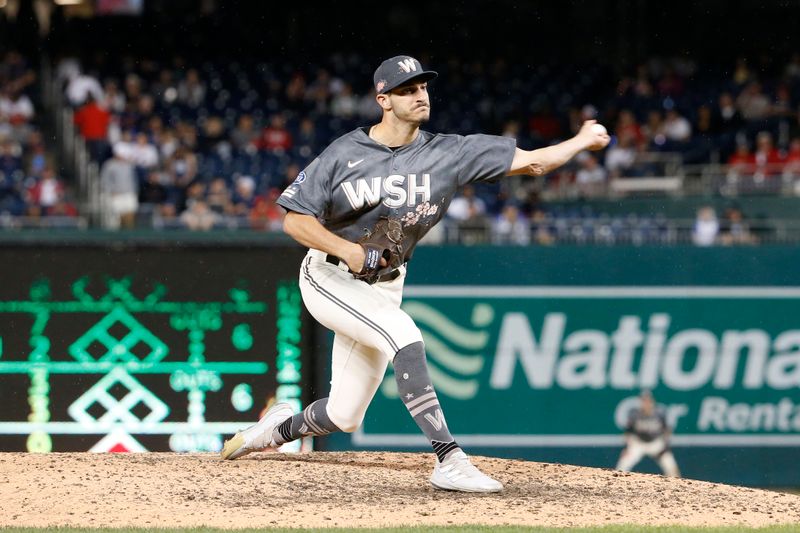 Sep 22, 2023; Washington, District of Columbia, USA; Washington Nationals relief pitcher Joe La Sorsa (53) throws the ball in the ninth inning against the Atlanta Braves at Nationals Park. Mandatory Credit: Amber Searls-USA TODAY Sports