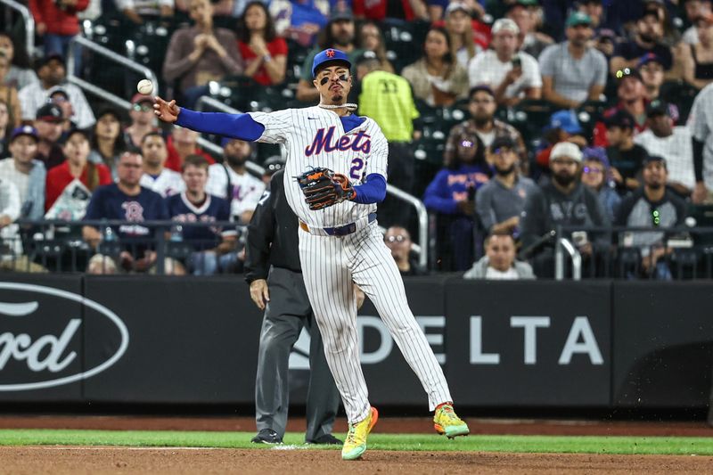 Sep 3, 2024; New York City, New York, USA;  New York Mets third baseman Mark Vientos (27) makes a running throw to first base in the fifth inning against the Boston Red Sox at Citi Field. Mandatory Credit: Wendell Cruz-Imagn Images