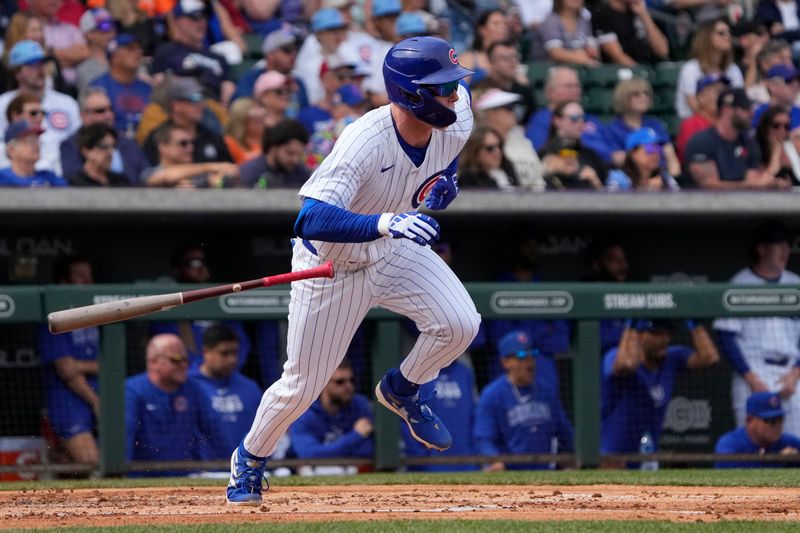 Feb 23, 2024; Mesa, Arizona, USA; Chicago Cubs center fielder Pete Crow-Armstrong (52) hits a single against the Chicago White Sox in the first inning at Sloan Park. Mandatory Credit: Rick Scuteri-USA TODAY Sports