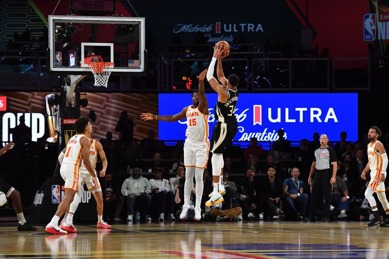 LAS VEGAS, NV - DECEMBER 14: Giannis Antetokounmpo #34 of the Milwaukee Bucks shoots the ball during the game against the Atlanta Hawks during the Emirates NBA Cup Semifinal game on December 14, 2024 at T-Mobile Arena in Las Vegas, Nevada. NOTE TO USER: User expressly acknowledges and agrees that, by downloading and/or using this Photograph, user is consenting to the terms and conditions of the Getty Images License Agreement. Mandatory Copyright Notice: Copyright 2024 NBAE (Photo by Juan Ocampo/NBAE via Getty Images)