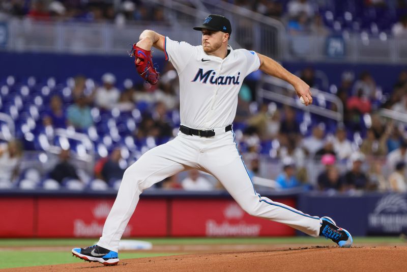 Jul 3, 2024; Miami, Florida, USA; Miami Marlins starting pitcher Trevor Rogers (28) delivers a pitch against the Boston Red Sox during the first inning at loanDepot Park. Mandatory Credit: Sam Navarro-USA TODAY Sports