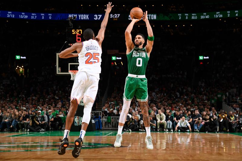 BOSTON, MA - OCTOBER 22: Jayson Tatum #0 of the Boston Celtics shoots the ball during the game against the New York Knicks on October 22, 2024 at TD Garden in Boston, Massachusetts. NOTE TO USER: User expressly acknowledges and agrees that, by downloading and/or using this Photograph, user is consenting to the terms and conditions of the Getty Images License Agreement. Mandatory Copyright Notice: Copyright 2024 NBAE (Photo by Brian Babineau/NBAE via Getty Images)