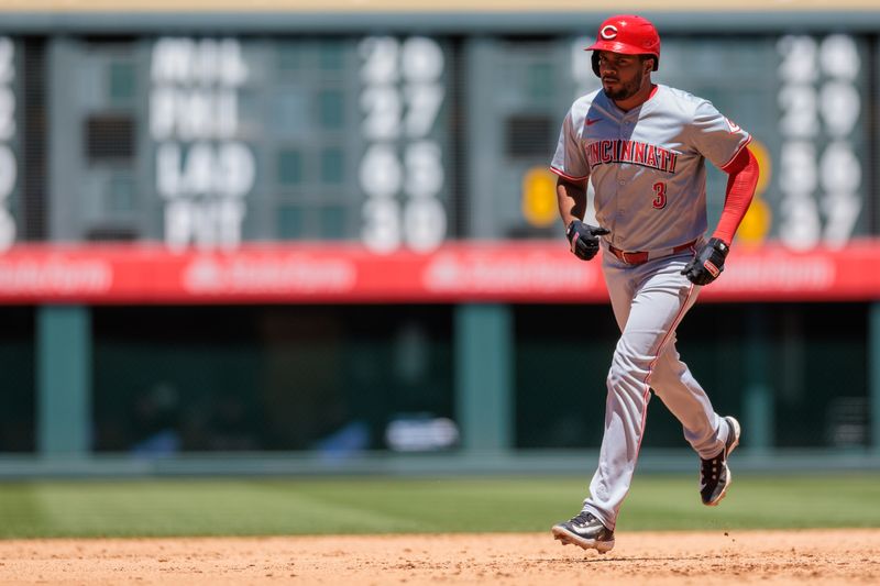 Jun 5, 2024; Denver, Colorado, USA; Cincinnati Reds third base Jeimer Candelario (3) runs the bases after hitting a home run during the third inning against the Colorado Rockies at Coors Field. Mandatory Credit: Andrew Wevers-USA TODAY Sports
