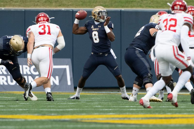 Oct 24, 2020; Annapolis, Maryland, USA;  Navy Midshipmen quarterback Dalen Morris (8) throws from the pocket during the first half against the Houston Cougars at Navy-Marine Corps Memorial Stadium. Mandatory Credit: Tommy Gilligan-USA TODAY Sports