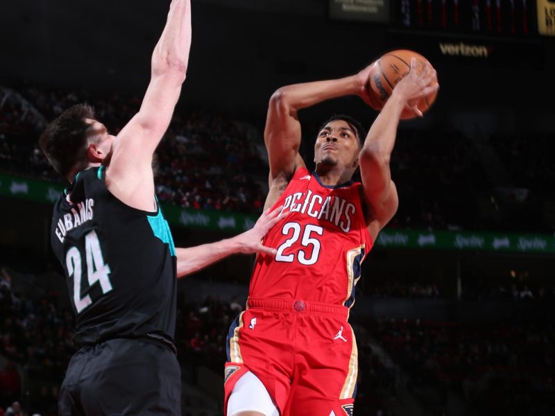 PORTLAND, OR - MARCH 27: Trey Murphy III #25 of the New Orleans Pelicans shoots the ball during the game against the Portland Trail Blazers on March 27, 2023 at the Moda Center Arena in Portland, Oregon. NOTE TO USER: User expressly acknowledges and agrees that, by downloading and or using this photograph, user is consenting to the terms and conditions of the Getty Images License Agreement. Mandatory Copyright Notice: Copyright 2023 NBAE (Photo by Sam Forencich/NBAE via Getty Images)