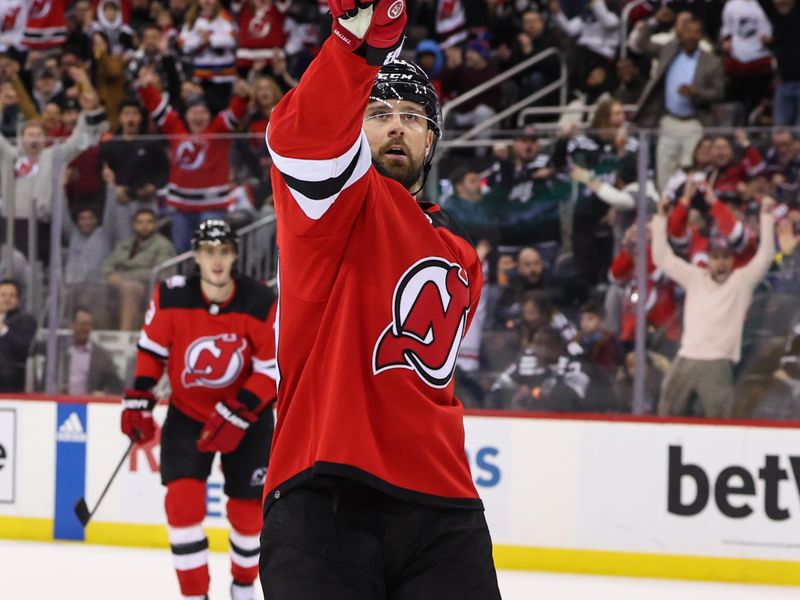 Feb 23, 2023; Newark, New Jersey, USA; New Jersey Devils left wing Tomas Tatar (90) celebrates his goal against the Los Angeles Kings during the second period at Prudential Center. Mandatory Credit: Ed Mulholland-USA TODAY Sports