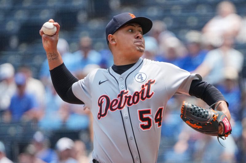 Jun 1, 2025; Kansas City, Missouri, USA; Detroit Tigers starting pitcher Keider Montero (54) delivers a pitch against the Kansas City Royals during the first inning at Kauffman Stadium. Mandatory Credit: Denny Medley-Imagn Images