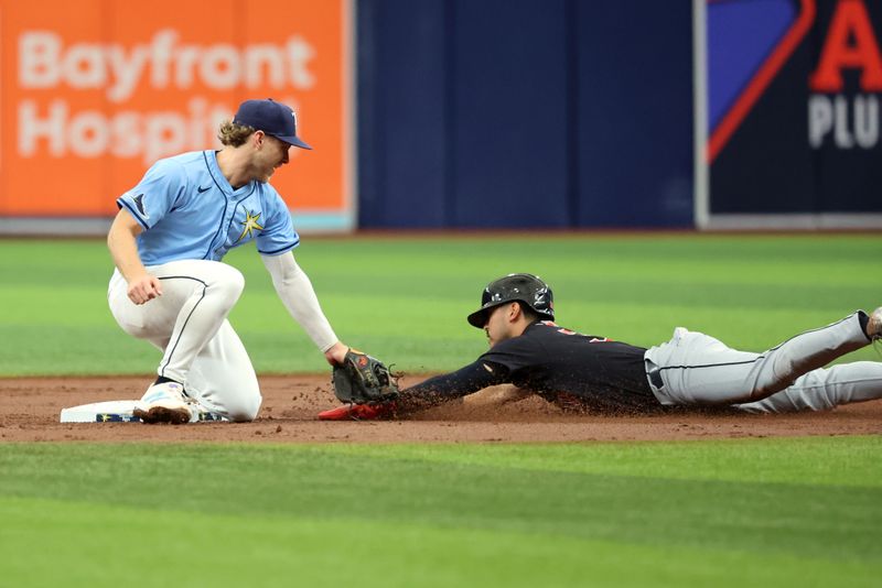 Jul 14, 2024; St. Petersburg, Florida, USA;  Tampa Bay Rays shortstop Taylor Walls (6) missed tagging Cleveland Guardians outfielder Steven Kwan (38) during the third inning at Tropicana Field. Mandatory Credit: Kim Klement Neitzel-USA TODAY Sports