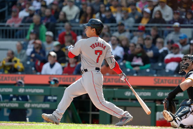 Apr 20, 2024; Pittsburgh, Pennsylvania, USA; Boston Red Sox designated hitter Masataka Yoshida (7) hits a single against the Pittsburgh Pirates during the first inning at PNC Park. Mandatory Credit: Charles LeClaire-USA TODAY Sports