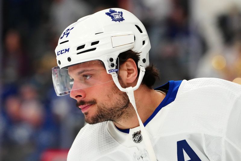 Feb 22, 2024; Las Vegas, Nevada, USA; Toronto Maple Leafs center Auston Matthews (34) warms up before a game against the Vegas Golden Knights at T-Mobile Arena. Mandatory Credit: Stephen R. Sylvanie-USA TODAY Sports