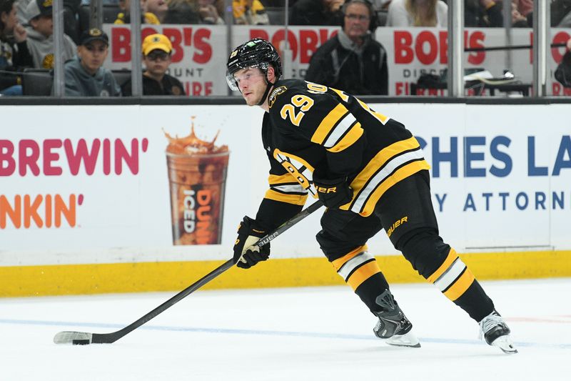 Sep 21, 2025; Boston, Massachusetts, USA; Boston Bruins defenseman Victor Soderstrom (29) controls the puck during the third period against the Washington Capitals at TD Garden. Mandatory Credit: Bob DeChiara-Imagn Images
