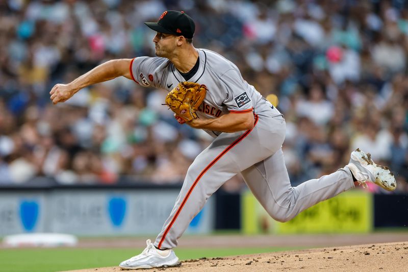 Sep 6, 2024; San Diego, California, USA; San Francisco Giants starting pitcher Mason Black (47) throws a pitch during the first inning against the San Diego Padres at Petco Park. Mandatory Credit: David Frerker-Imagn Images