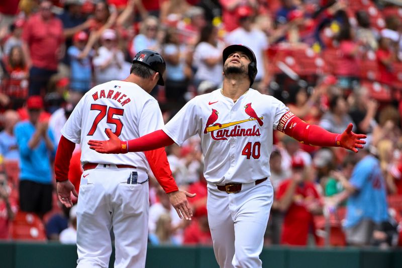 May 5, 2024; St. Louis, Missouri, USA;  St. Louis Cardinals designated hitter Willson Contreras (40) reacts after hitting a solo home run against the Chicago White Sox during the fourth inning at Busch Stadium. Mandatory Credit: Jeff Curry-USA TODAY Sports