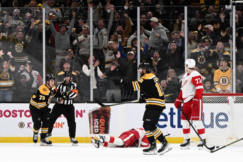 Dec 3, 2024; Boston, Massachusetts, USA; Boston Bruins center Pavel Zacha (18) celebrates after scoring the game winning goal against the Detroit Red Wings during an overtime period at the TD Garden. Mandatory Credit: Brian Fluharty-Imagn Images