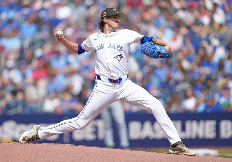 May 18, 2024; Toronto, Ontario, CAN; Toronto Blue Jays starting pitcher Kevin Gausman (34) throws a pitch during the first inning against the Tampa Bay Rays at Rogers Centre. Mandatory Credit: Nick Turchiaro-USA TODAY Sports