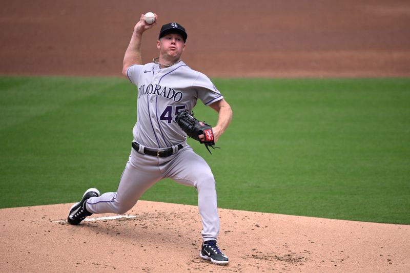 Sep 20, 2023; San Diego, California, USA; Colorado Rockies starting pitcher Chase Anderson (45) throws a pitch against the San Diego Padres during the first inning at Petco Park. Mandatory Credit: Orlando Ramirez-USA TODAY Sports