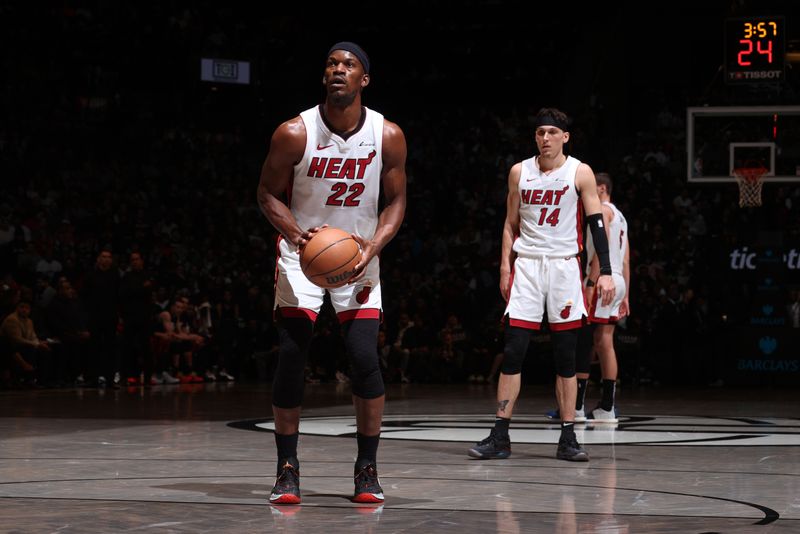 BROOKLYN, NY - JANUARY 15: Jimmy Butler #22 of the Miami Heat prepares to shoot a free throw during the game against the Brooklyn Nets on January 15, 2024 at Barclays Center in Brooklyn, New York. NOTE TO USER: User expressly acknowledges and agrees that, by downloading and or using this Photograph, user is consenting to the terms and conditions of the Getty Images License Agreement. Mandatory Copyright Notice: Copyright 2024 NBAE (Photo by Nathaniel S. Butler/NBAE via Getty Images)