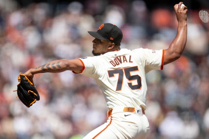 Jul 14, 2024; San Francisco, California, USA; San Francisco Giants pitcher Camilo Doval (75) pitches against the Minnesota Twins during the ninth inning at Oracle Park. Mandatory Credit: D. Ross Cameron-USA TODAY Sports
