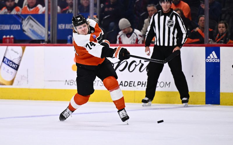 Dec 14, 2023; Philadelphia, Pennsylvania, USA; Philadelphia Flyers right wing Owen Tippett (74) scores a goal against the Washington Capitals in the third period at Wells Fargo Center. Mandatory Credit: Kyle Ross-USA TODAY Sports