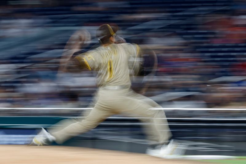 Jul 24, 2024; Washington, District of Columbia, USA; San Diego Padres relief pitcher Yuki Matsui (1) pitches against the Washington Nationals during the seventh inning at Nationals Park. Mandatory Credit: Geoff Burke-USA TODAY Sports