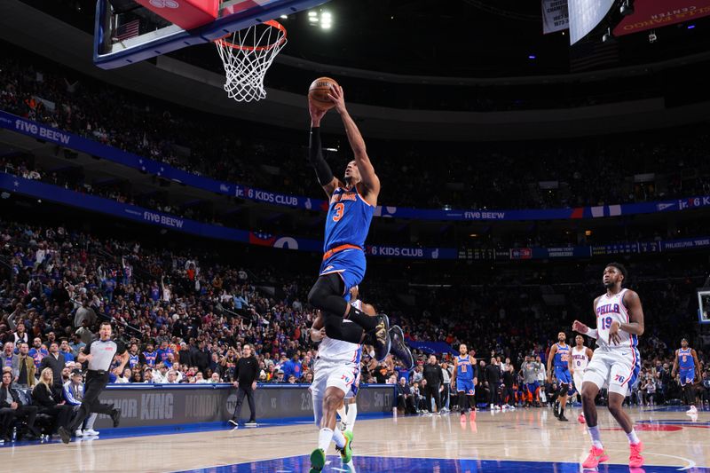 PHILADELPHIA, PA - JANUARY 15: Josh Hart #3 of the New York Knicks drives to the basket during the game against the Philadelphia 76ers on January 15, 2025 at the Wells Fargo Center in Philadelphia, Pennsylvania NOTE TO USER: User expressly acknowledges and agrees that, by downloading and/or using this Photograph, user is consenting to the terms and conditions of the Getty Images License Agreement. Mandatory Copyright Notice: Copyright 2025 NBAE (Photo by Jesse D. Garrabrant/NBAE via Getty Images)