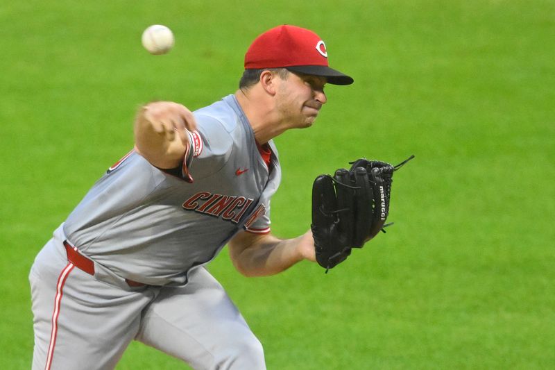 Sep 24, 2024; Cleveland, Ohio, USA; Cincinnati Reds starting pitcher Carson Spiers (68) pitches in the second inning against the Cleveland Guardians at Progressive Field. Mandatory Credit: David Richard-Imagn Images