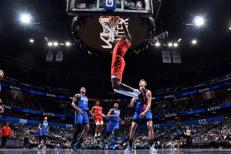 ORLANDO, FL - APRIL 1: Deandre Ayton #2 of the Portland Trail Blazers dunks the ball during the game against the Orlando Magic on April 1, 2024 at Kia Center in Orlando, Florida. NOTE TO USER: User expressly acknowledges and agrees that, by downloading and or using this photograph, User is consenting to the terms and conditions of the Getty Images License Agreement. Mandatory Copyright Notice: Copyright 2024 NBAE (Photo by Fernando Medina/NBAE via Getty Images)