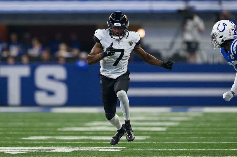 Jacksonville Jaguars wide receiver Zay Jones (7) sprints down the field during an NFL football game against the Indianapolis Colts, Sunday, Sept. 10, 2023, in Indianapolis. (AP Photo/Zach Bolinger)