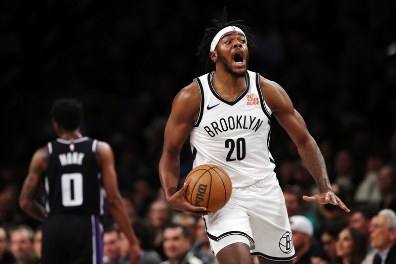 NEW YORK, NEW YORK - JANUARY 27: Day'Ron Sharpe #20 of the Brooklyn Nets reacts during the first half against the Sacramento Kings at Barclays Center on January 27, 2025 in the Brooklyn borough of New York City. NOTE TO USER: User expressly acknowledges and agrees that, by downloading and or using this photograph, User is consenting to the terms and conditions of the Getty Images License Agreement. (Photo by Sarah Stier/Getty Images)