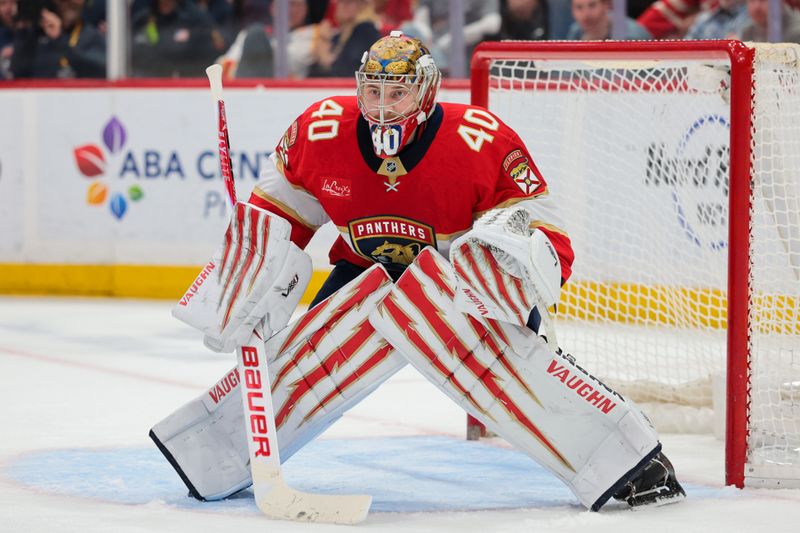 Apr 13, 2026; Sunrise, Florida, USA; Florida Panthers goaltender Daniil Tarasov (40) defends his net against the New York Rangers during the second period at Amerant Bank Arena. Mandatory Credit: Sam Navarro-Imagn Images