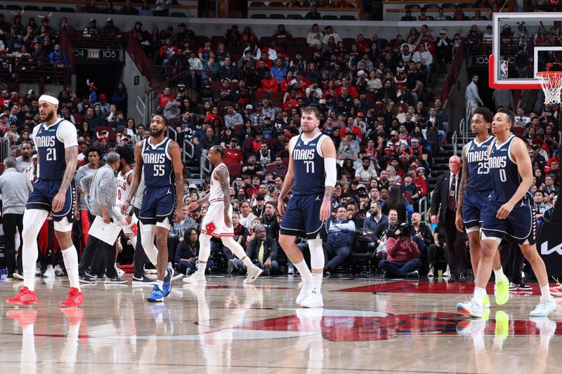 CHICAGO, IL - MARCH 11: The Dallas Mavericks walk towards the bench during the game against the Chicago Bulls on March 11, 2024 at United Center in Chicago, Illinois. NOTE TO USER: User expressly acknowledges and agrees that, by downloading and or using this photograph, User is consenting to the terms and conditions of the Getty Images License Agreement. Mandatory Copyright Notice: Copyright 2024 NBAE (Photo by Jeff Haynes/NBAE via Getty Images)