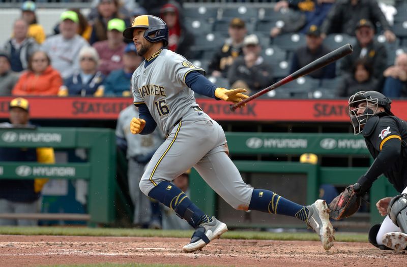 Apr 25, 2024; Pittsburgh, Pennsylvania, USA;  Milwaukee Brewers center fielder Blake Perkins (16) hits an infield single against the Pittsburgh Pirates during the eighth inning at PNC Park. The Brewers won 7-5. Mandatory Credit: Charles LeClaire-USA TODAY Sports