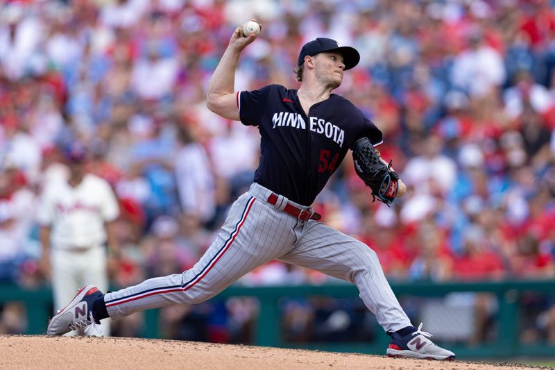 Aug 13, 2023; Philadelphia, Pennsylvania, USA; Minnesota Twins starting pitcher Sonny Gray (54) throws a pitch against the Philadelphia Phillies during the sixth inning at Citizens Bank Park. Mandatory Credit: Bill Streicher-USA TODAY Sports