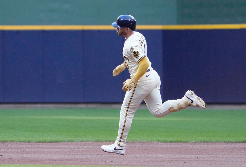 May 6, 2025; Milwaukee, Wisconsin, USA; Milwaukee Brewers first base Jake Bauers (9) rounds the bases after hitting a home run agaisn the Houston Astros inning at American Family Field. Mandatory Credit: Michael McLoone-Imagn Images