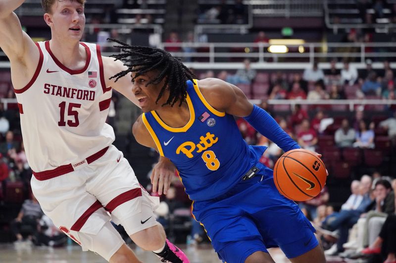 Feb 25, 2026; Stanford, California, USA;  Pittsburgh Panthers guard Omari Witherspoon (8) drives to the basket against Stanford Cardinal forward/center Oskar Giltay (15) in second half at Maples Pavilion. Mandatory Credit: David Gonzales-Imagn Images