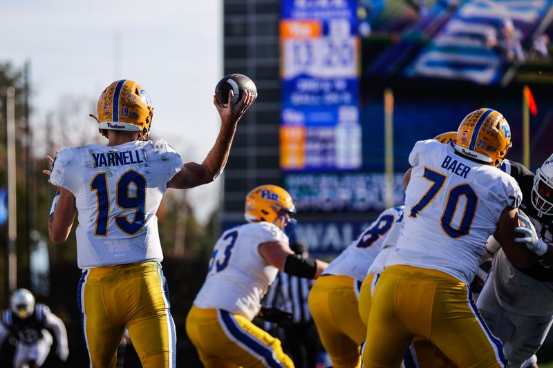 Nov 25, 2023; Durham, North Carolina, USA; Pittsburgh Panthers quarterback Nate Yarnell (19) throws the football during the second half of the game against Duke Blue Devils at Wallace Wade Stadium. Mandatory Credit: Jaylynn Nash-USA TODAY Sports