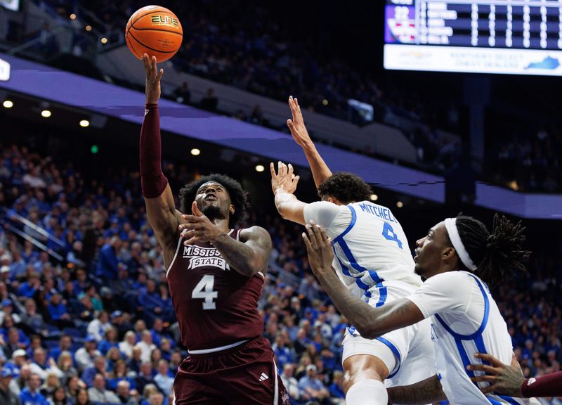 Jan 17, 2024; Lexington, Kentucky, USA; Mississippi State Bulldogs forward Cameron Matthews (4) goes to the basket during the first half against the Mississippi State Bulldogs at Rupp Arena at Central Bank Center. Mandatory Credit: Jordan Prather-USA TODAY Sports