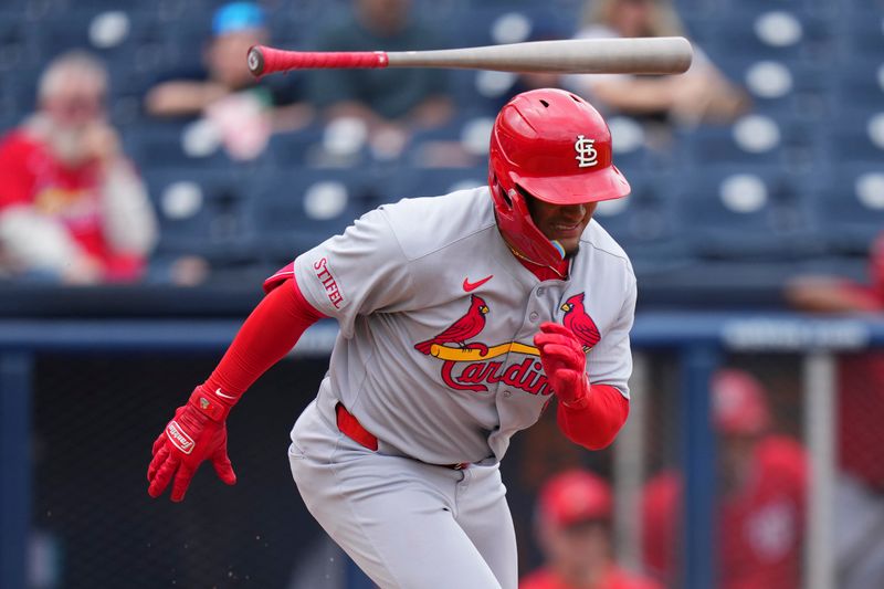 Mar 4, 2025; West Palm Beach, Florida, USA; St. Louis Cardinals infielder Anyelo Encarnacion (89) runs to first base against the Washington Nationals during the fourth inning at CACTI Park of the Palm Beaches. Mandatory Credit: Rich Storry-Imagn Images