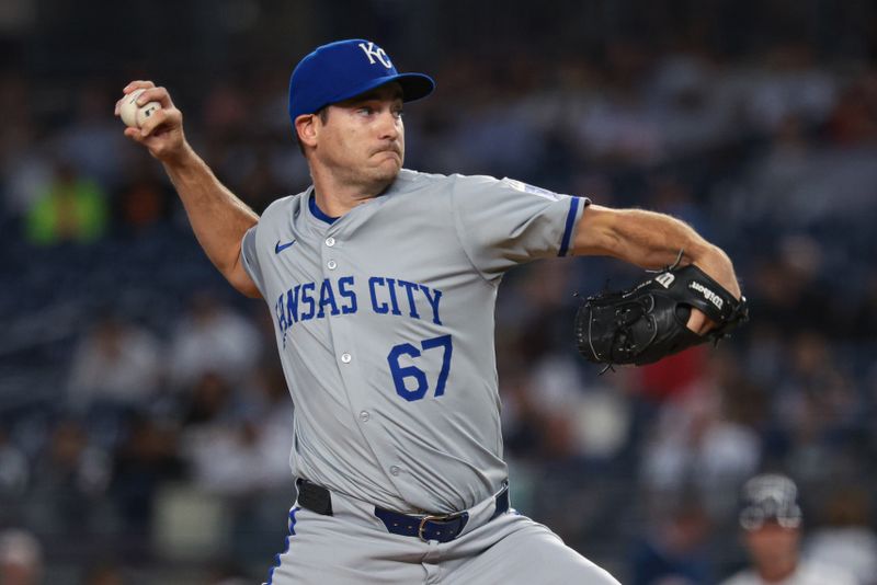 Sep 10, 2024; Bronx, New York, USA;  Kansas City Royals starting pitcher Seth Lugo (67) delivers a pitch during the first inning against the New York Yankees at Yankee Stadium. Mandatory Credit: Vincent Carchietta-Imagn Images